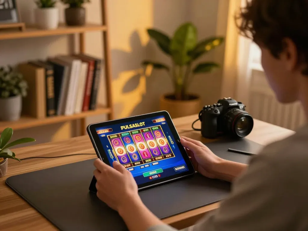 PULSASLOT gaming scene showcasing a player engaged in an exciting online slot game on a tablet.