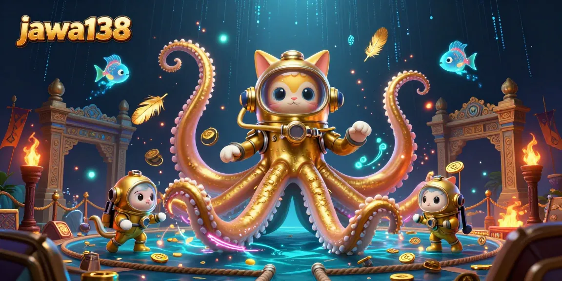 Permainan jackpot di jawa138 dengan kraken emas dan ikan kunir mendalam yang berkilau.