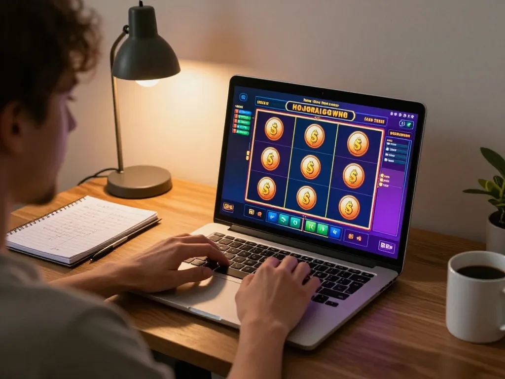 Permainan yang menarik pada permainan slot ditampilkan di laptop sambil merencanakan strategi di meja kerja yang nyaman di rumah