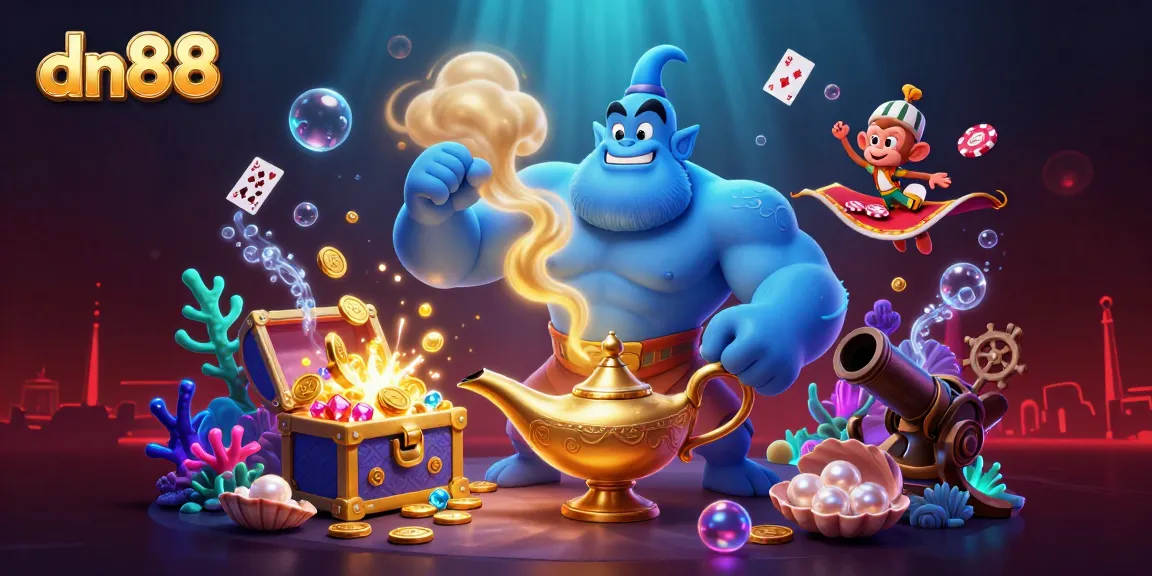 Engage with dn88's magic casino experience featuring a genie, monkey, and poker chips.