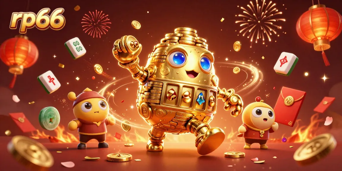 Experience the thrill of rp66 with golden golems, mahjong tiles, and festive elements in this vibrant illustration.