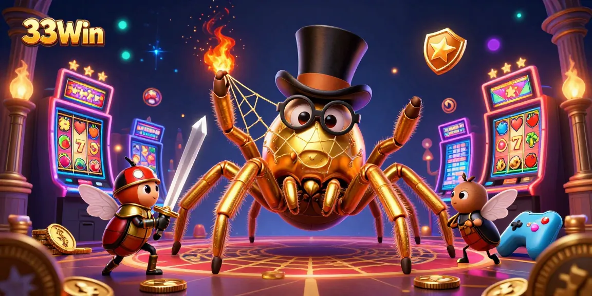 Experience the magical world of 33Win with a colorful slot adventure featuring a golden tarantula and brave knight.