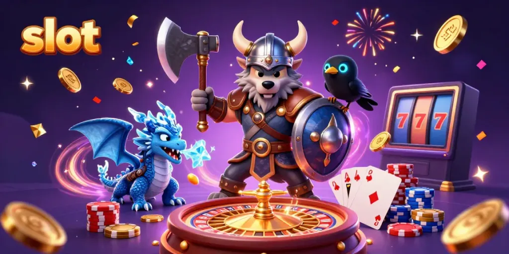 Experience electrifying slot action with Viking warrior, dragon, and casino elements bursting in vibrant detail.