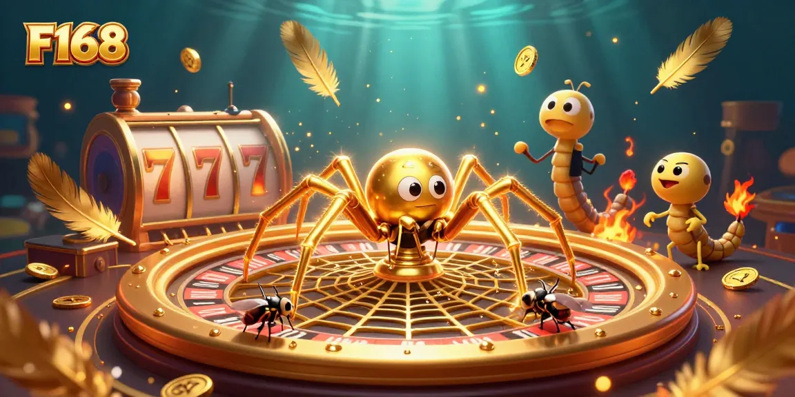 F168 bets in a vibrant 3D casino scene with a spider, web, and croupier.