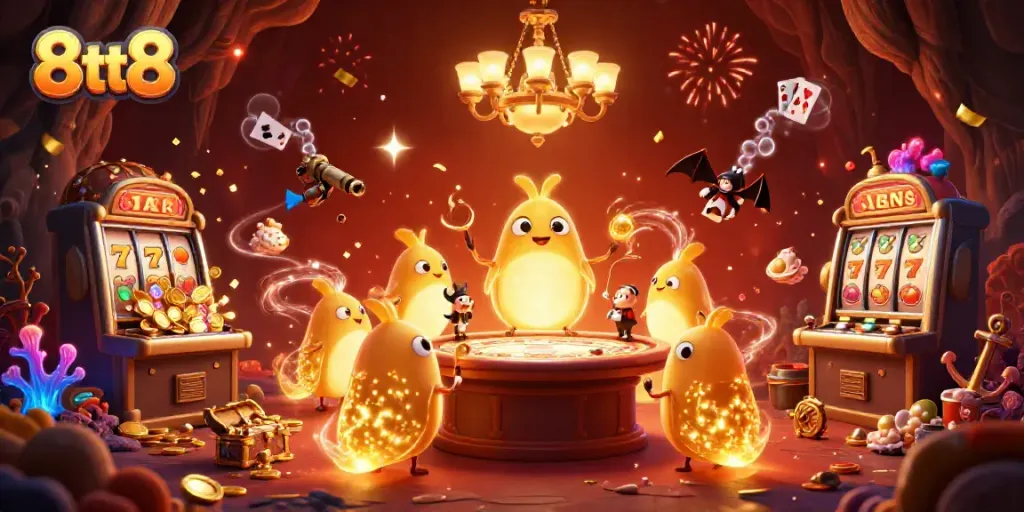 Experience 8tt8 as glowworms illuminate a vibrant casino scene filled with gold and games.