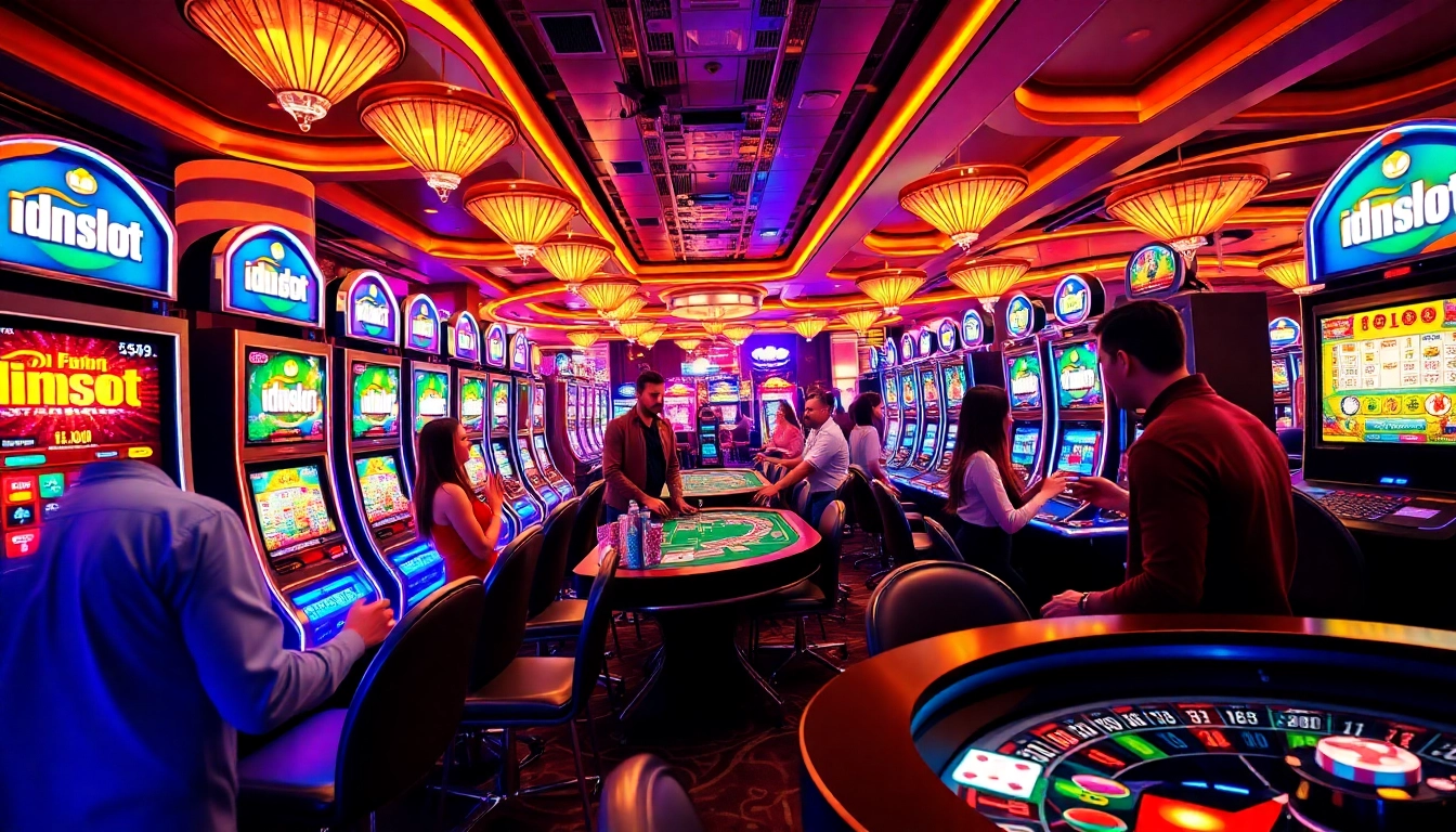 Players enjoying an exciting idnslot gaming experience with vibrant slot machines and poker chips.
