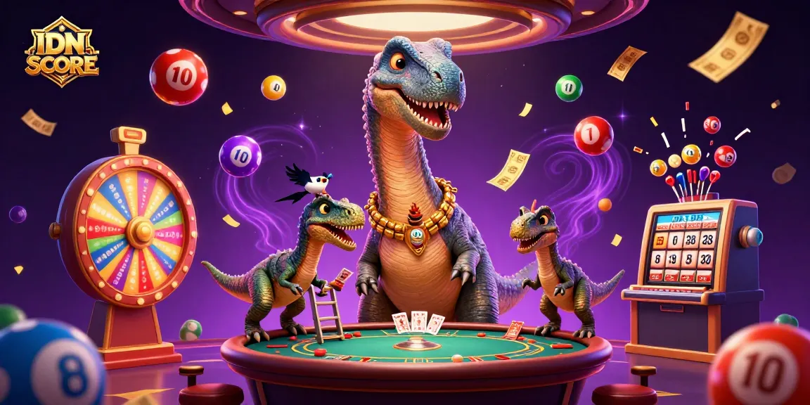 Engage with IDNSCORE's vibrant gaming world as a cartoon brontosaurus peeks down at a poker table amidst lively casino elements.