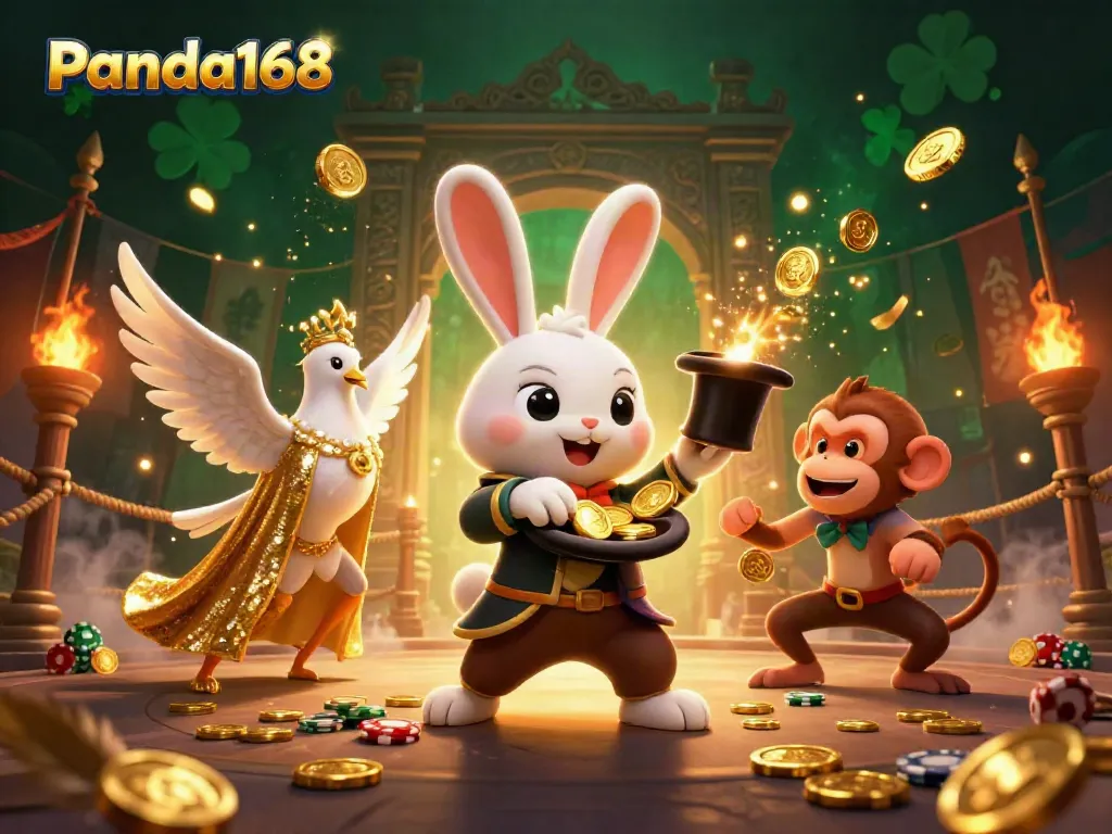 Panda168 menarik koin emas dengan kelinci di arena permainan yang dinamis dan penuh efek magis.