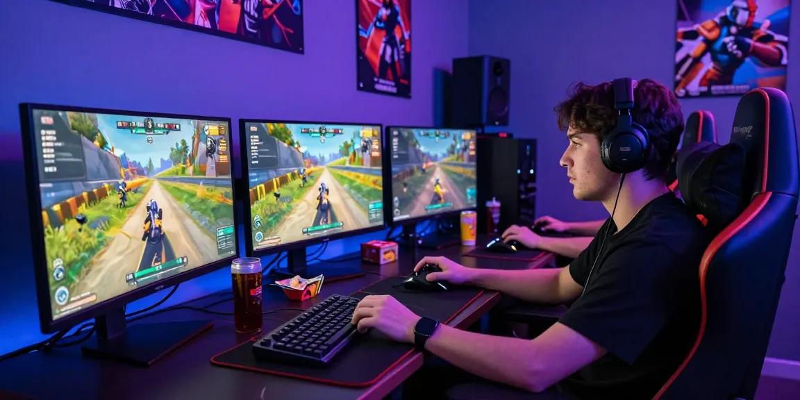 Gamer berfokus pada permainan sniperslot dengan perangkat gaming canggih dan suasana energik.