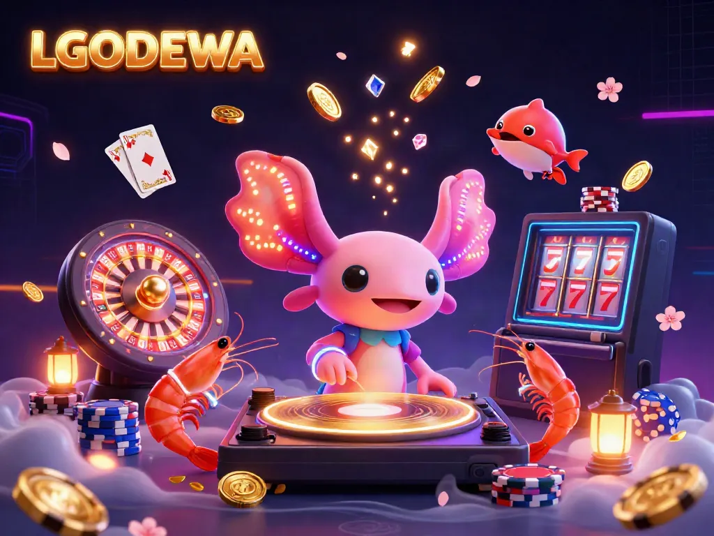 Experience the thrill of LGODEWA with a vibrant scene of a neon axolotl DJ and dancing sea creatures amid dynamic casino elements.