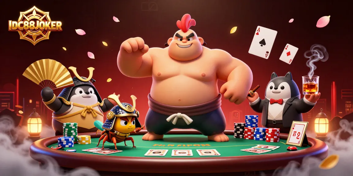 Experience thrilling gameplay with IDC88JOKER as cartoon sumo wrestler and samurai cricket engage in a vibrant poker scene.