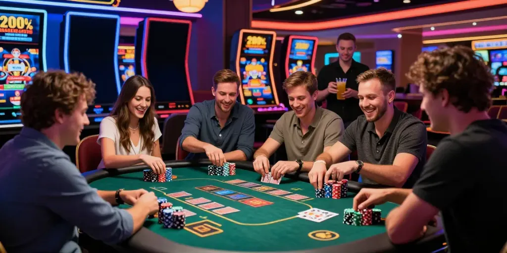 Excited players at a gaming table in the vibrant casino, highlighting the Wolfbet bonus code.