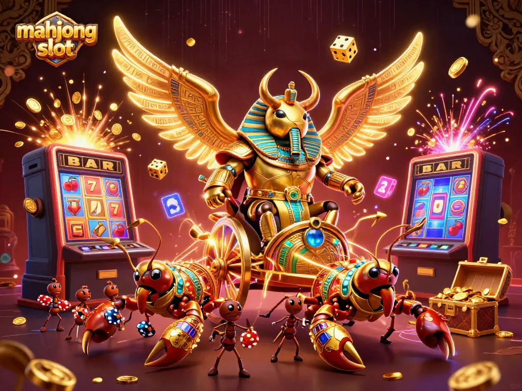 Mahjong slot menampilkan ilustrasi karakter kasino 3D berwarna cerah dan dinamis.