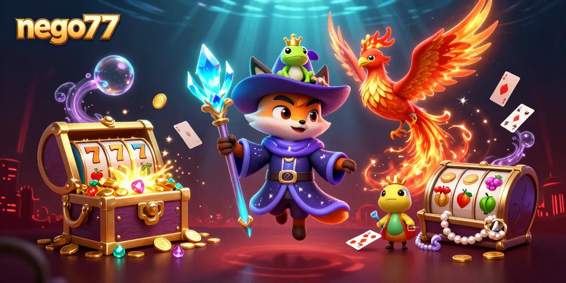 Win big at nego77 with an enchanting gaming scene featuring a wizard fox, phoenix, and slot reels bursting with gems.