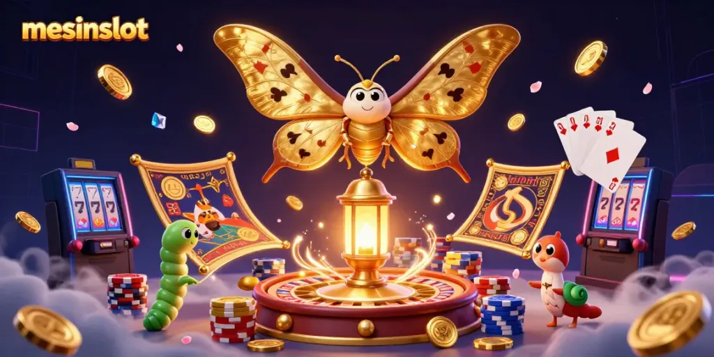 Spin the reels with mesinslot, featuring vibrant golden casino illustrations and dynamic gaming elements.