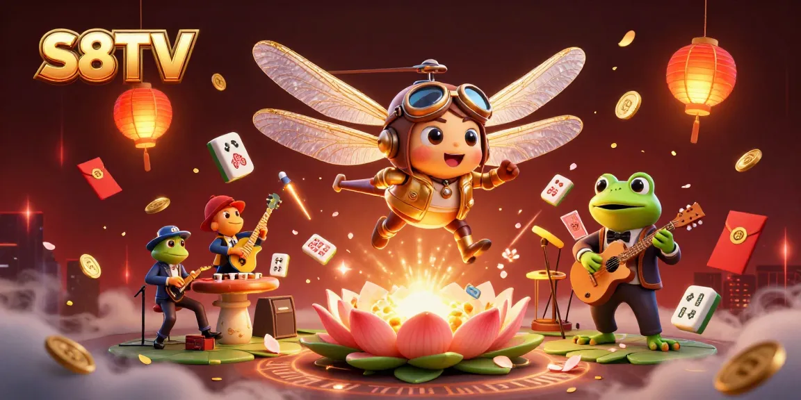 S8TV features an exciting scene with a dragonfly pilot and frog croupier, capturing the thrill of online gambling.