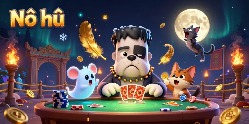 Nổ hũ casino slots featuring a 3D cartoon bulldog dealing cards at a mystical gaming table.