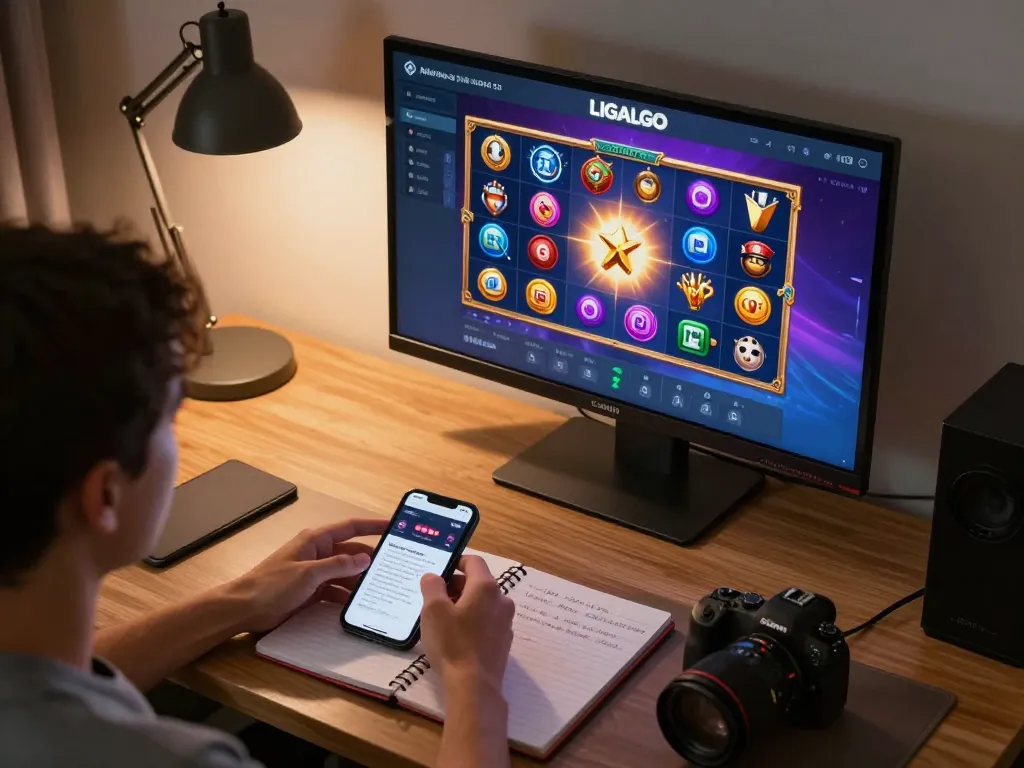 LIGALGO interactive online gaming session with vibrant slot game interface and strategic notes in a cozy home office.