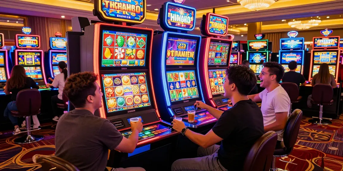 Friends celebrating wins at situs slot machines in a lively casino environment.