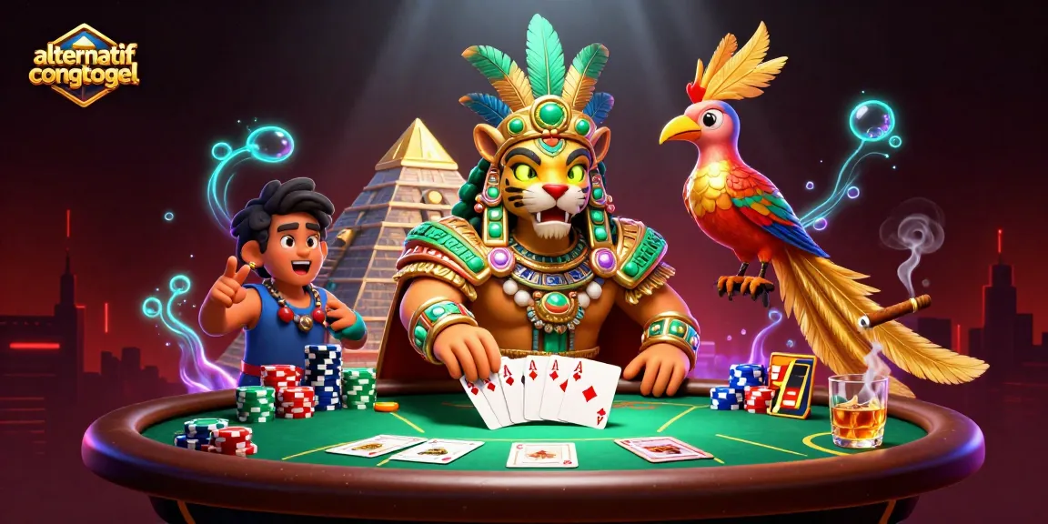 Try your luck with alternatifcongtogel, featuring a vibrant casino scene with poker elements.