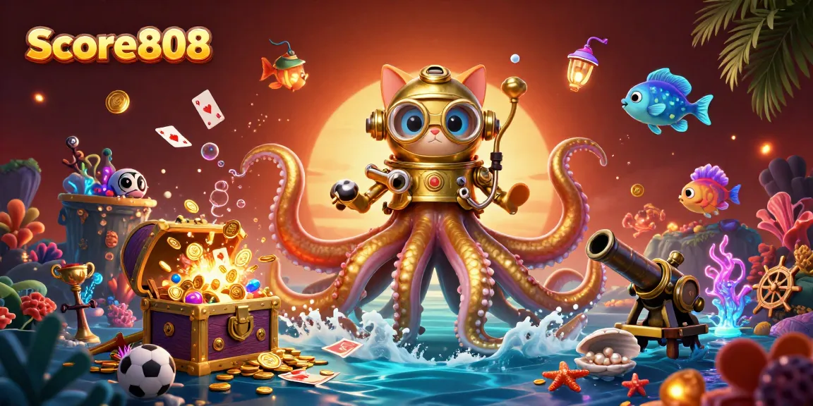 Experience thrilling action with Score808, featuring a kraken and diving cat in a vibrant casino adventure.