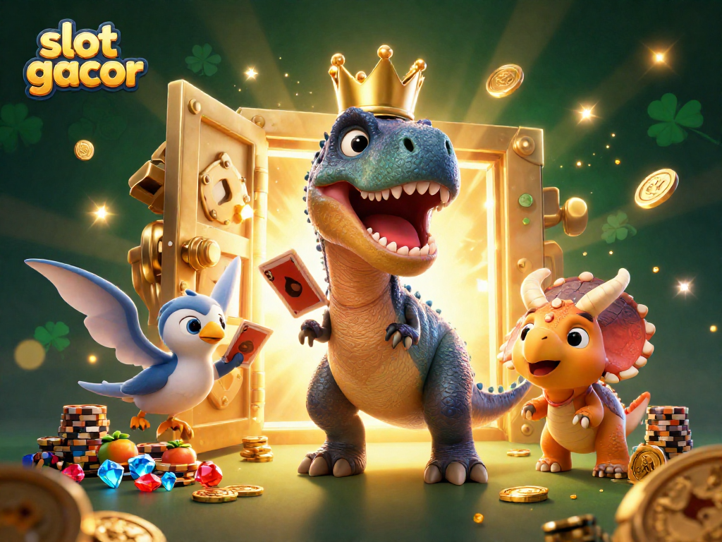Slot gacor yang menarik menampilkan T-Rex bermain mesin slot dengan cahaya emas dan harta karun.