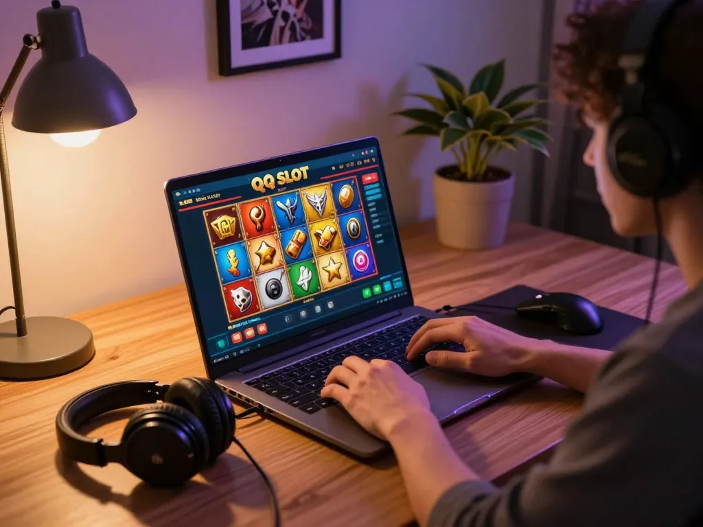 Engaging gameplay on QQ SLOT with a player immersed in a vibrant online casino experience.