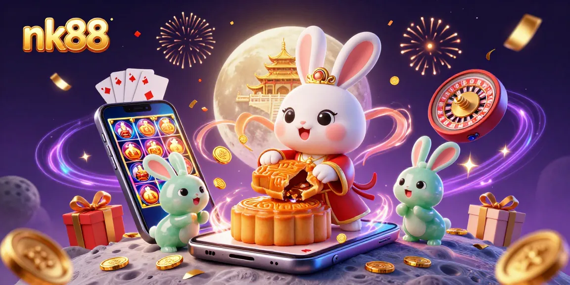 Experience the thrill of nk88 with a 3D lunar scene featuring a moon rabbit and casino elements.