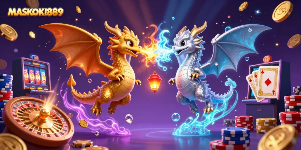 Experience exhilarating gaming with MASKOKI889; engage with vibrant dragons and luxurious casino elements.