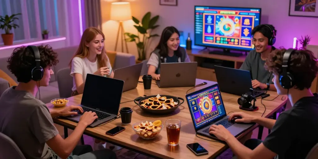 Players enjoying slot gacor games together on various devices in a warm, inviting gaming environment.