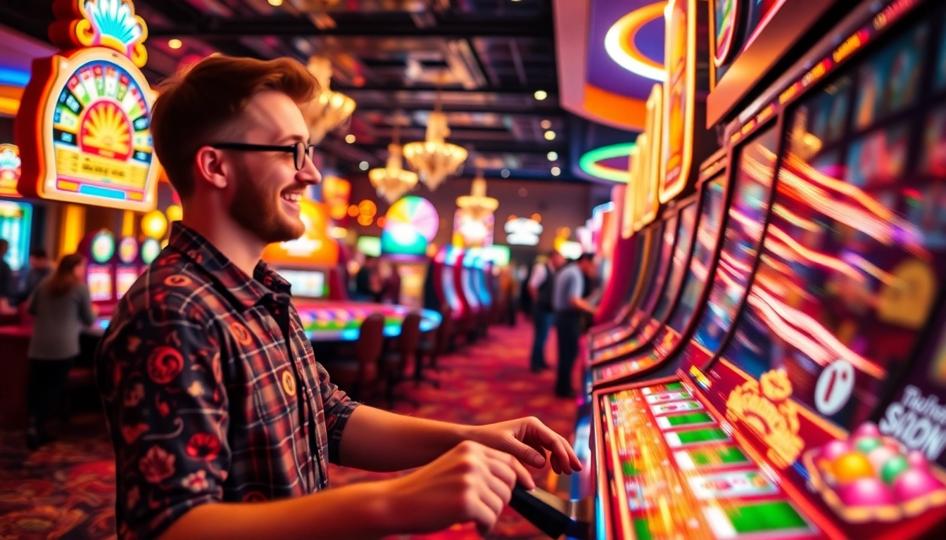 Menangkan jackpot di dentoto dengan mesin slot berwarna-warni dan suasana kasino yang ramai.