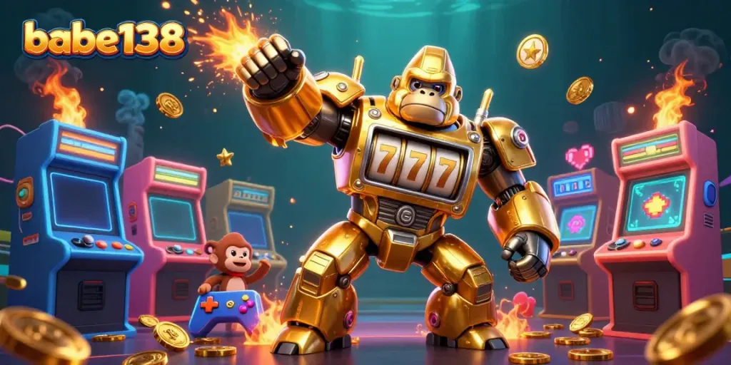Bermain slot gacor di babe138 dengan karakter mekanik gorila emas dan mesin slot yang memukau.