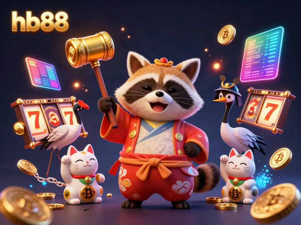 Play slots at hb88 with a cheerful tanuki, crane, and maneki-neko amidst dynamic game elements.
