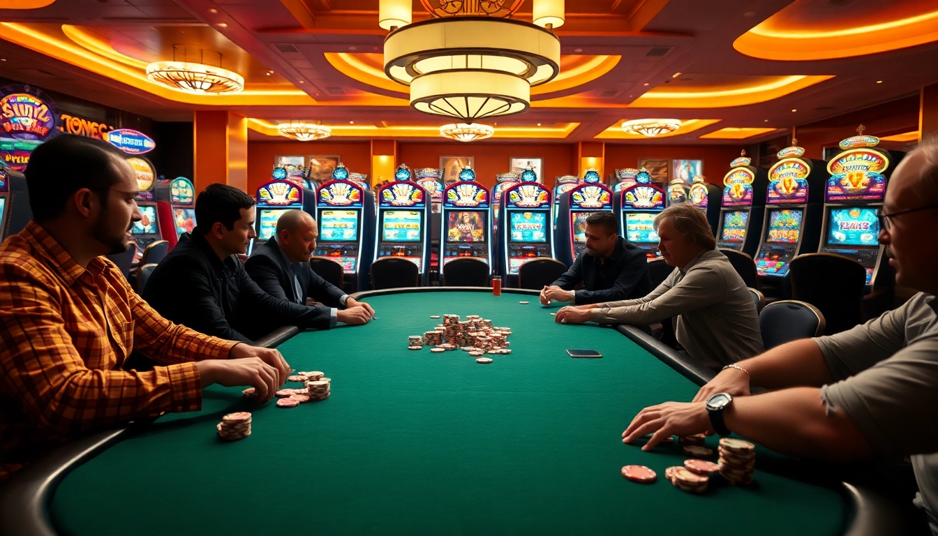 Tampilkan permainan poker oja89 yang menegangkan di kasino dengan meja yang mewah.