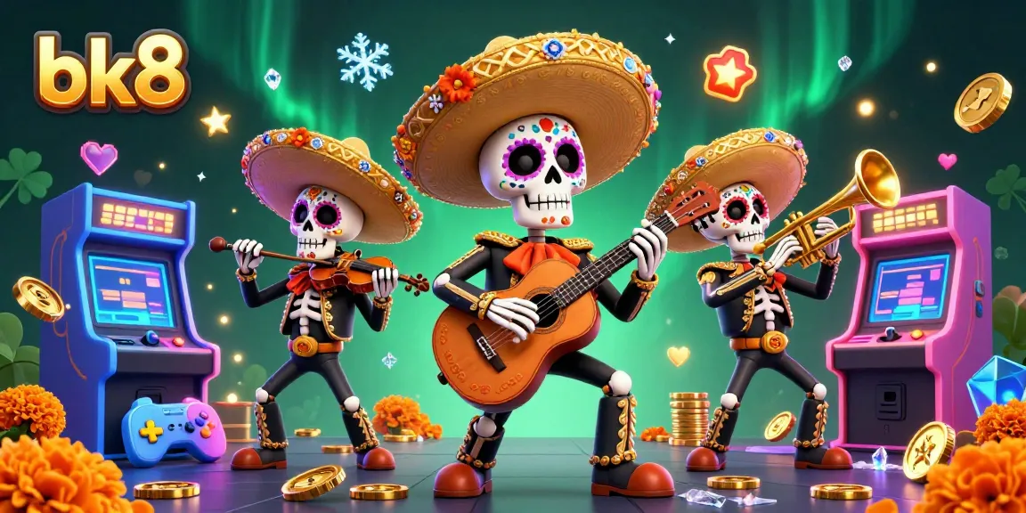 Experience the excitement of bk8 with a vibrant 3D Dia de los Muertos mariachi band amidst colorful gaming elements.