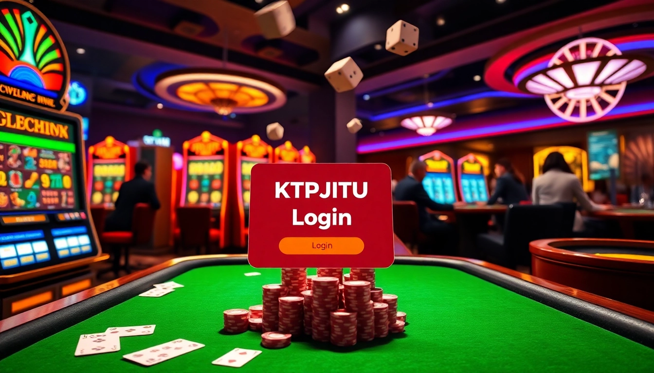 KTPJITU login interface on a vibrant casino scene with slot machines and poker chips.