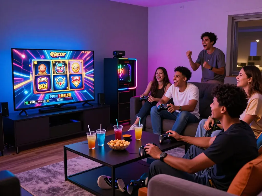 Group enjoying slot gacor games in a vibrant gaming room with LED lighting.
