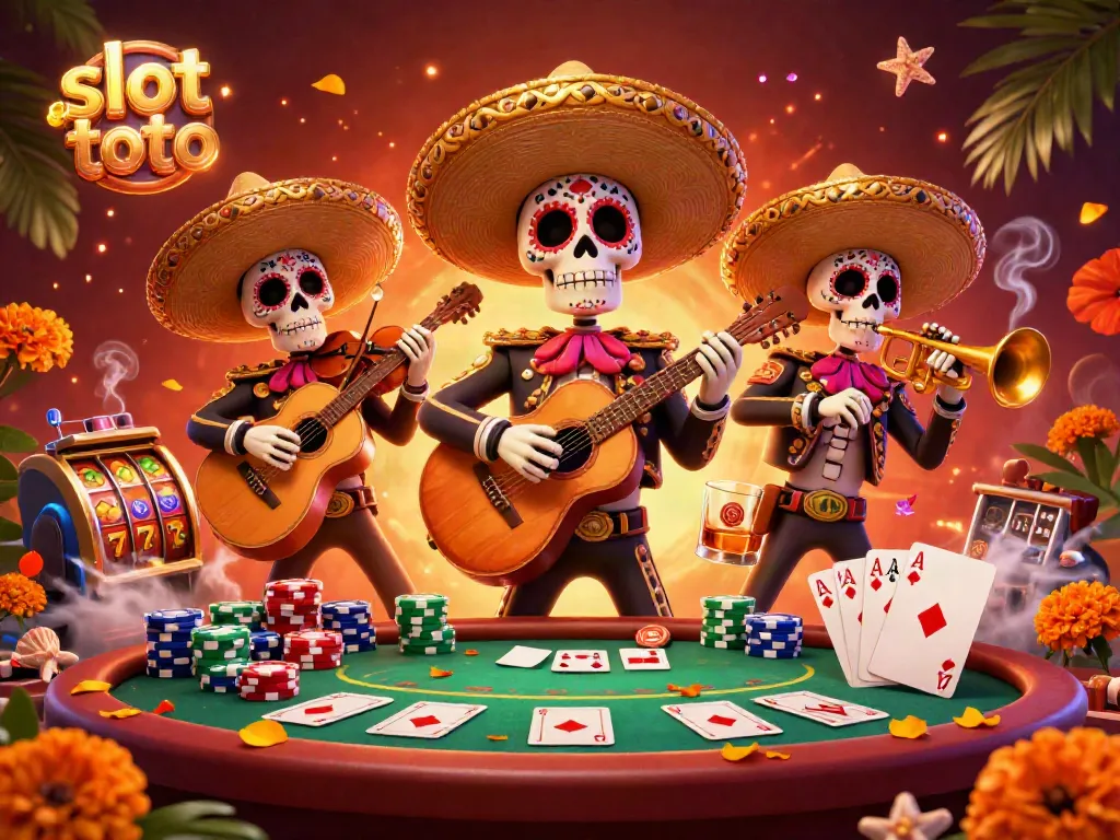 Experience slot toto excitement with a festive 3D mariachi band in a dynamic casino scene.