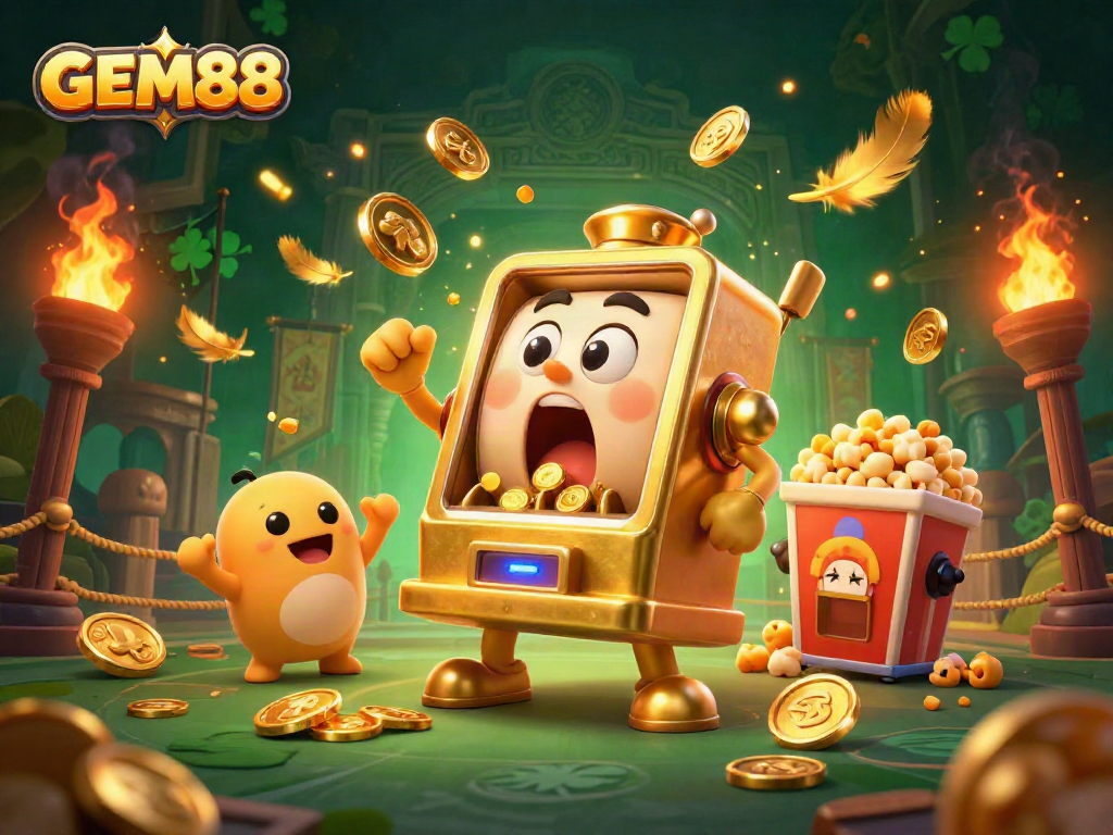 GEM88 celebrates wins as a golden slot machine hits its jackpot, surrounded by delightful characters.