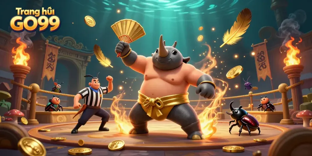 Engaging scene of Trang chủ GO99 featuring a rhinoceros beetle sumo champion surrounded by celebratory elements in a vibrant atmosphere.