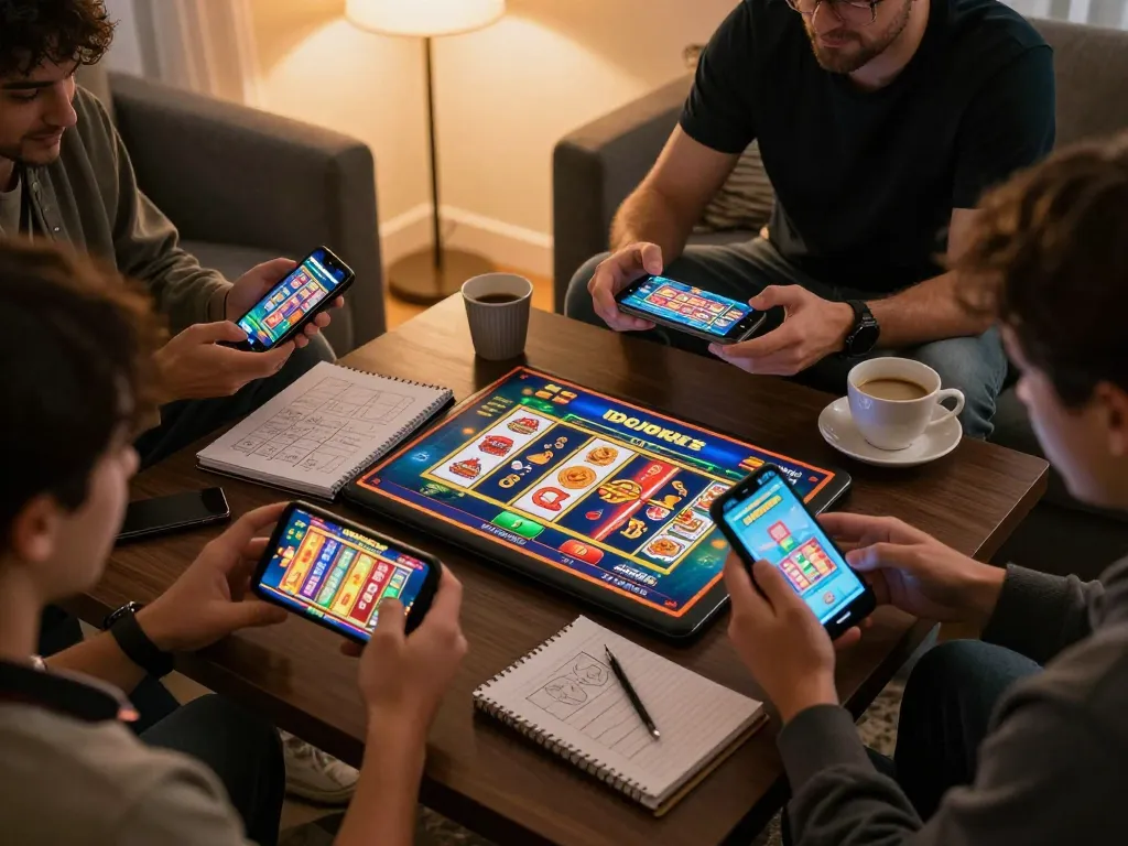 IDCJOKER players enjoying exciting mobile slots in a cozy living room setting, highlighting online gaming