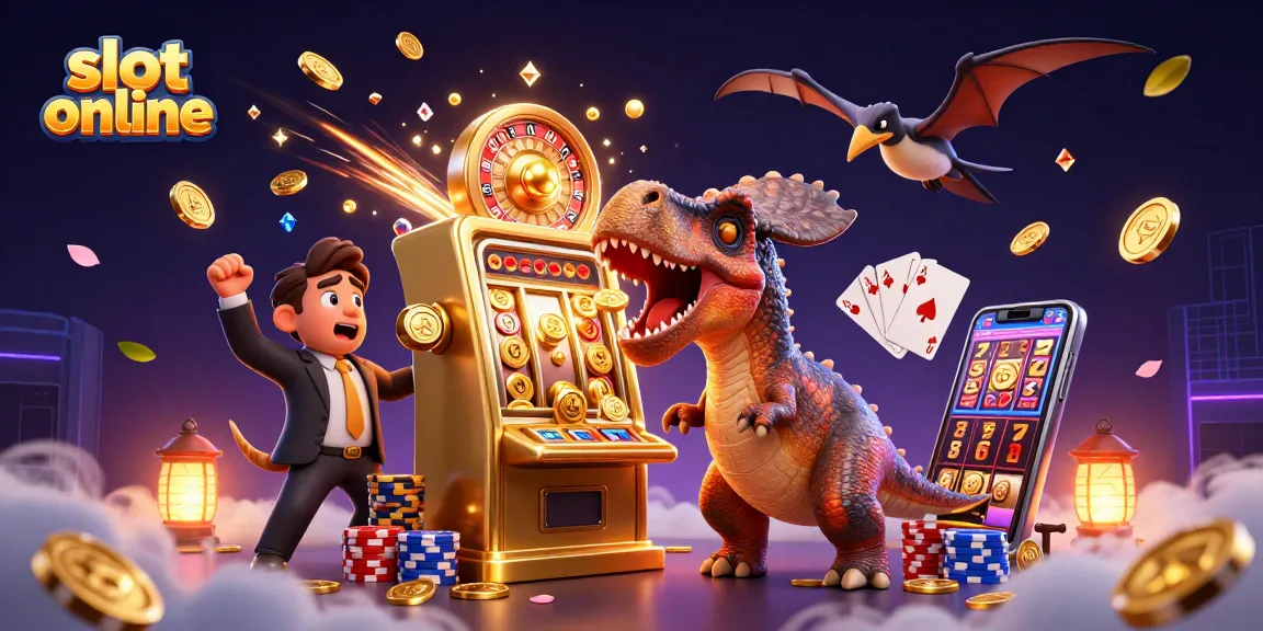 Permainan slot online dengan karakter dinosaurus dan koin emas mengalir menyenangkan.