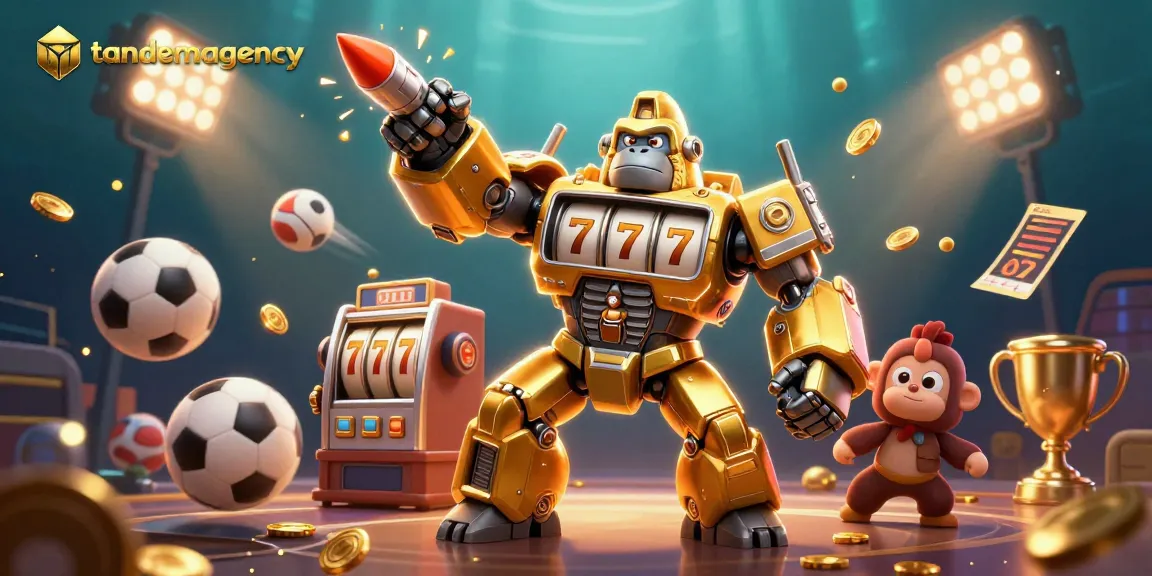 Engage with tandemagency's dynamic slot-themed illustration showcasing an explosive golden gorilla mech.