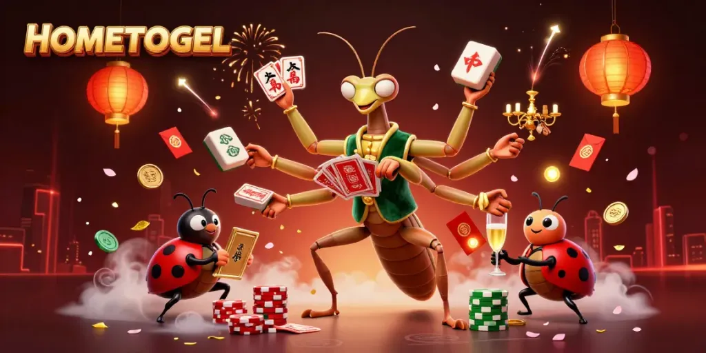 Engage in thrilling HOMETOGEL gameplay atmosphere with vibrant characters and festive casino elements.