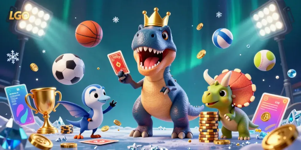 Experience LGOLUX with a fun 3D scene of characters playing cards and stacking chips in a lively casino atmosphere.