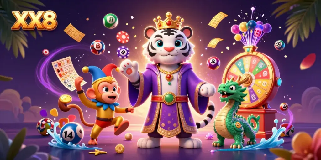 Engage with XX8's vibrant casino experience featuring a royal tiger, juggling monkey, and mystical dragon.
