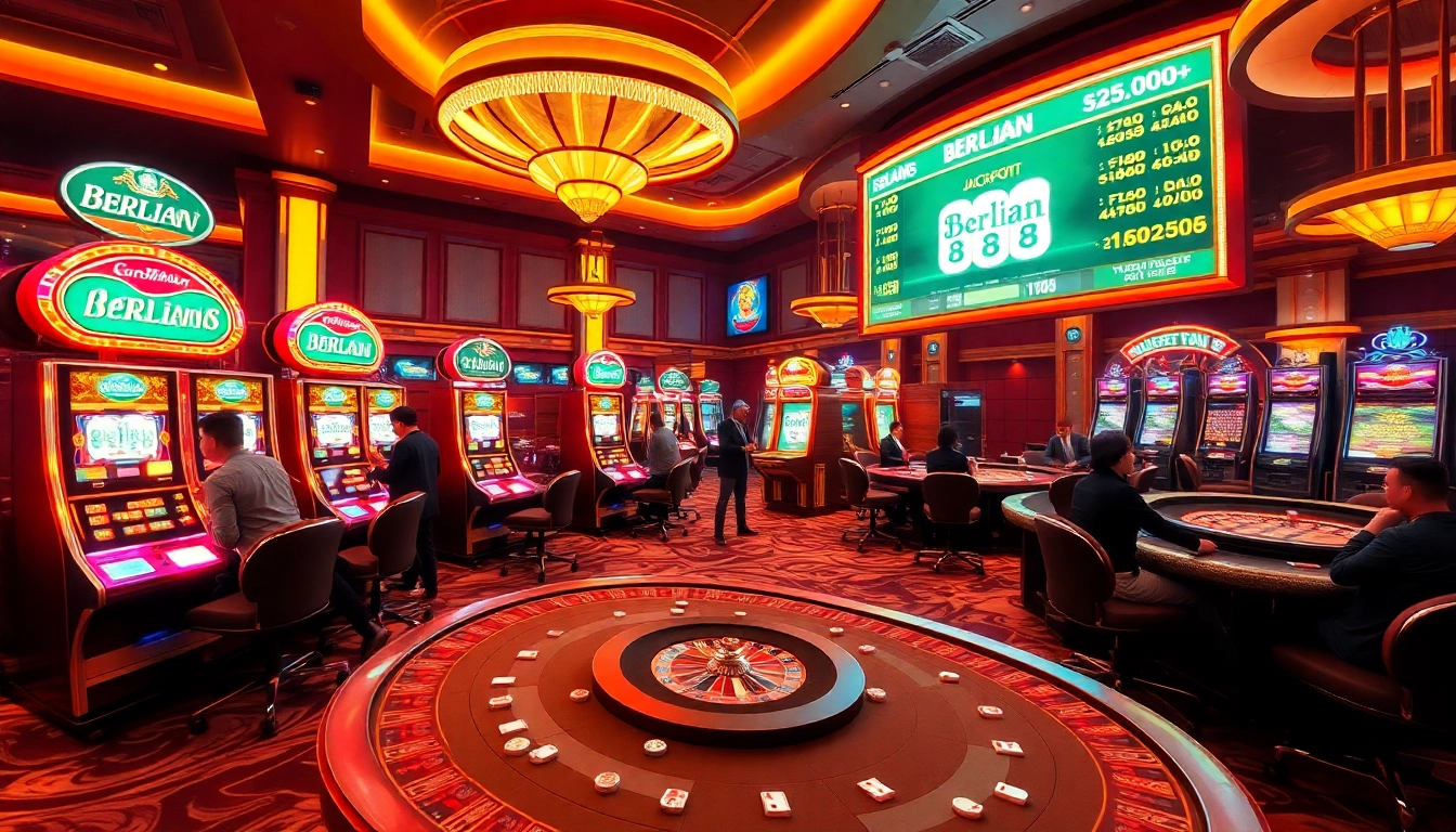 Berlian 888 slot machines shining brightly as players chase massive jackpots in an upscale casino.