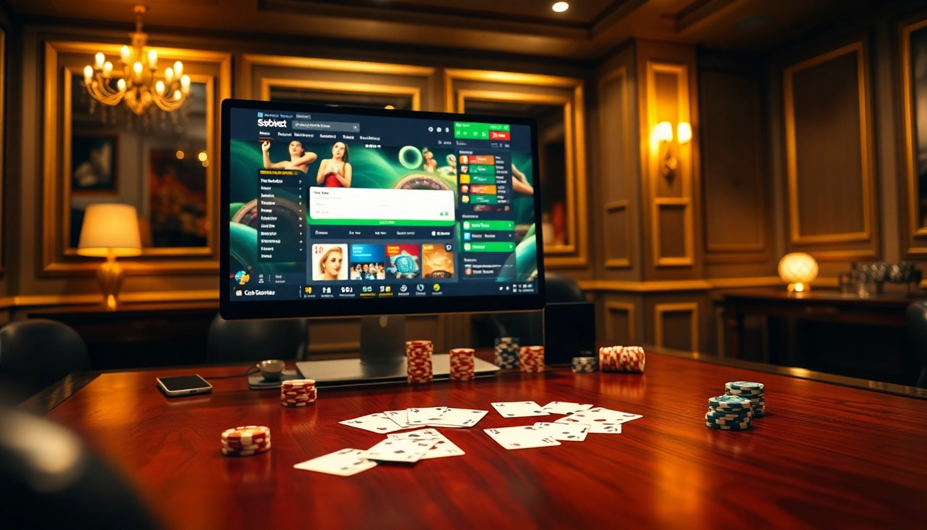 Sbobet login terbaru displayed on a sleek gaming interface with vibrant casino graphics and elegant details.