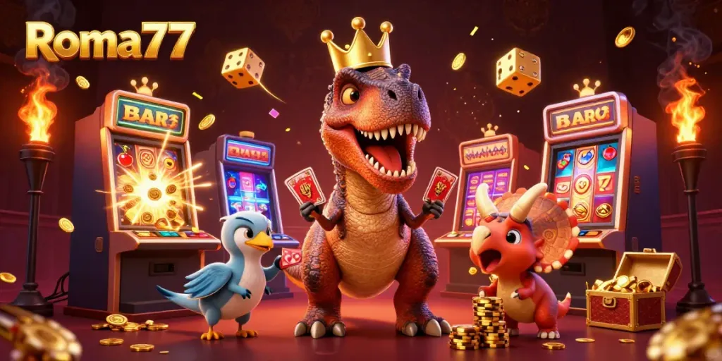 Join the fun with Roma77 as cartoon dinosaurs shuffle cards and stack chips in a vibrant casino.