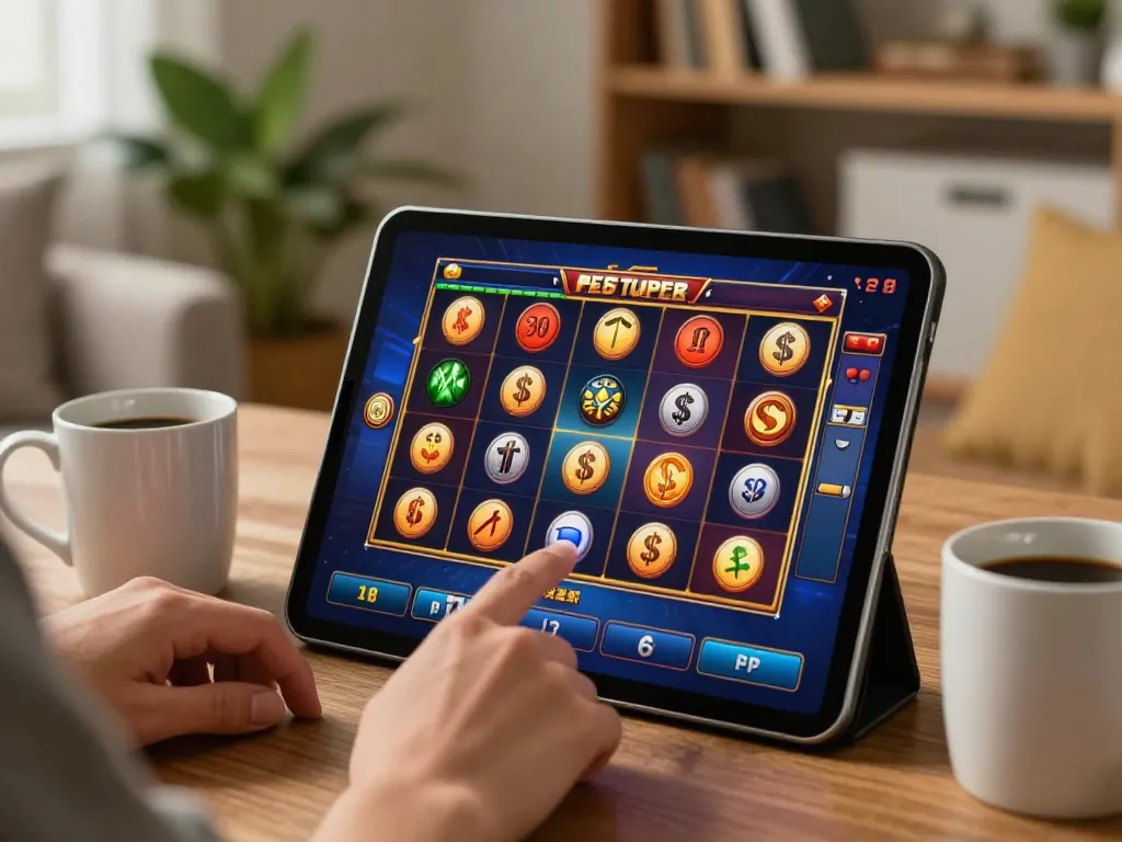Player enjoying SIS4D online slot game at home, focused on vibrant gameplay.